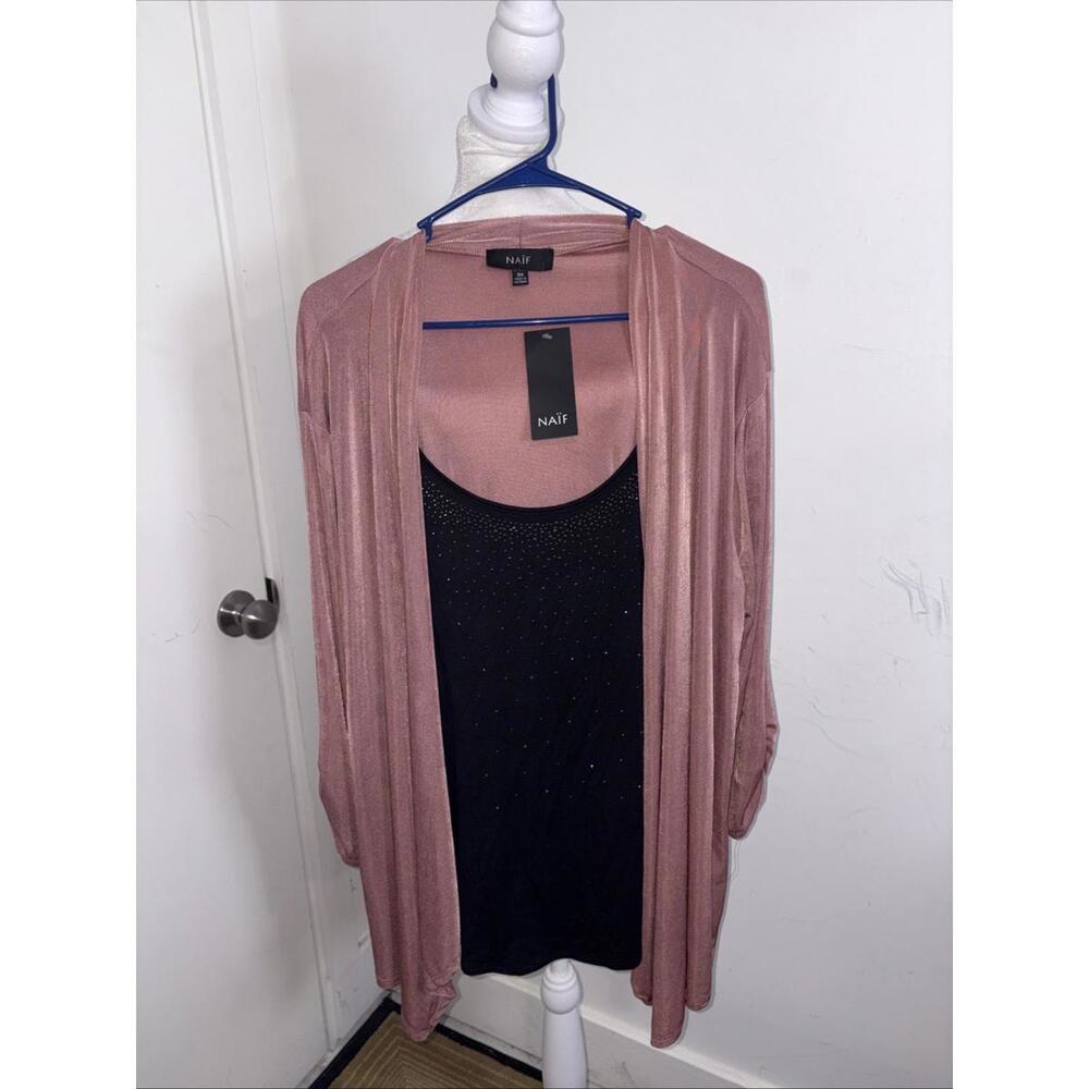 Naif Long Sleeve Blouse Pink‎ Waterfall, Blk Attached Tank W Rhinestones 3X NWT